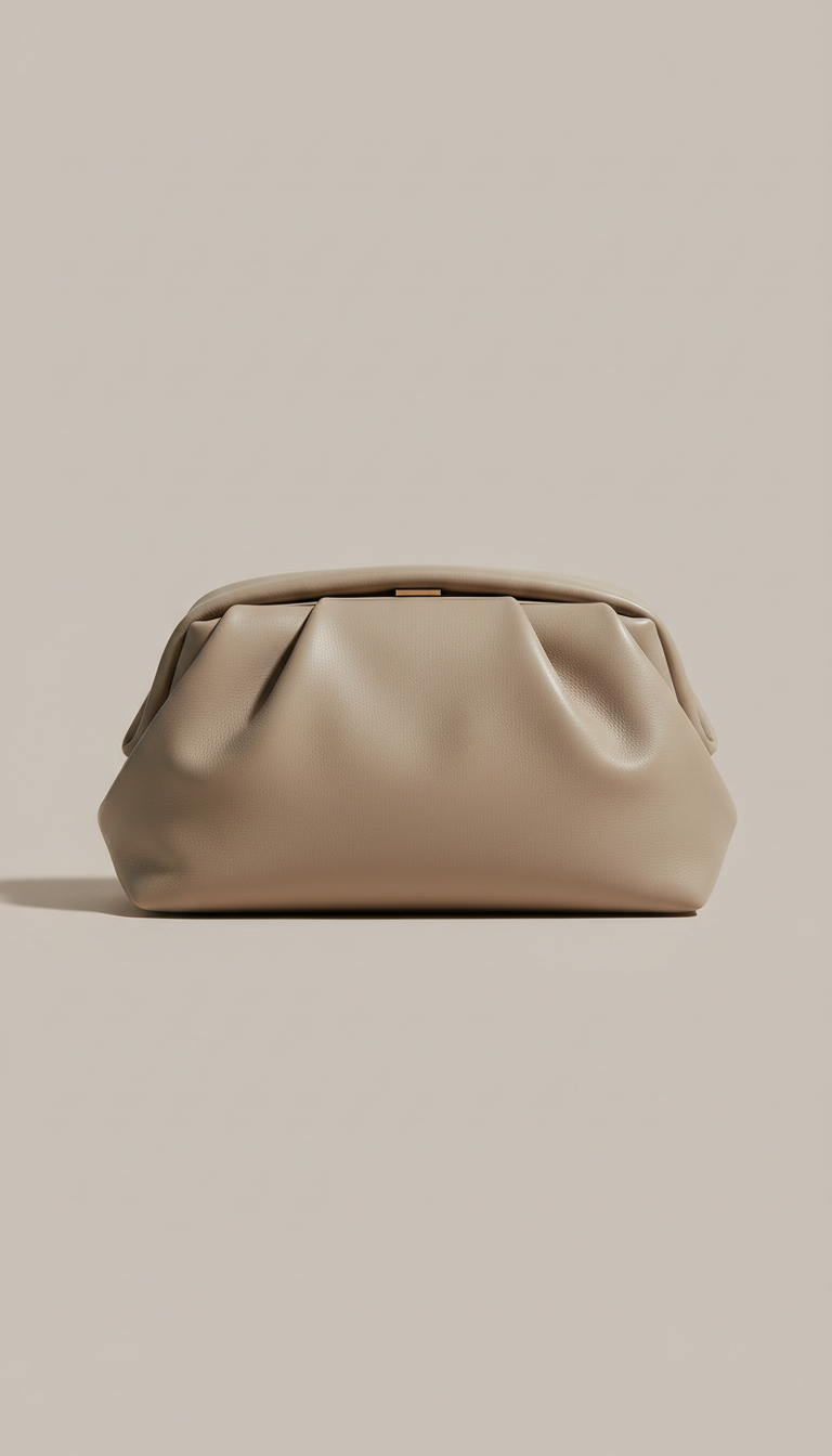 Solaine Sable Clutch in sand leather, front view on neutral background