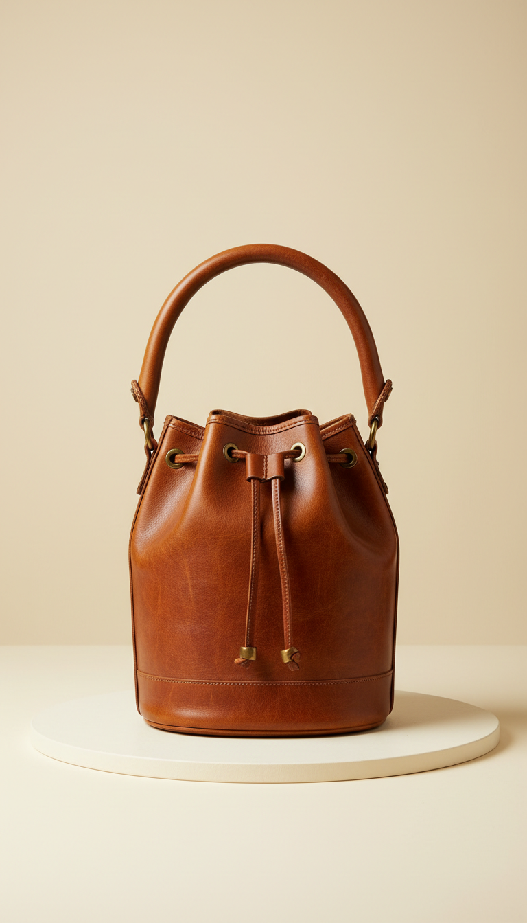 Solaine Heritage Bucket Bag in vintage-finish leather, front view on neutral background