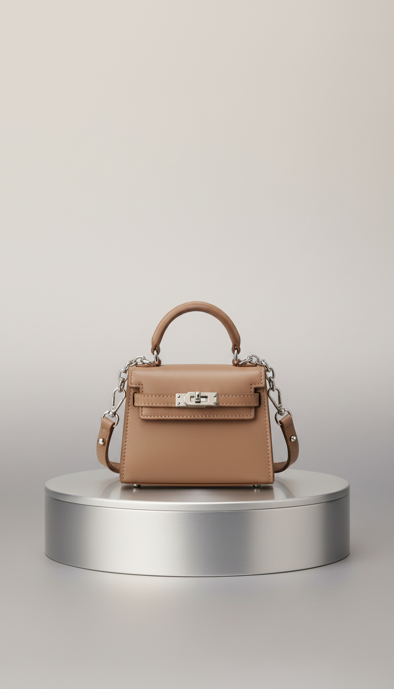 Solaine Champagne Nano Bag in leather with silver hardware, front view on neutral background