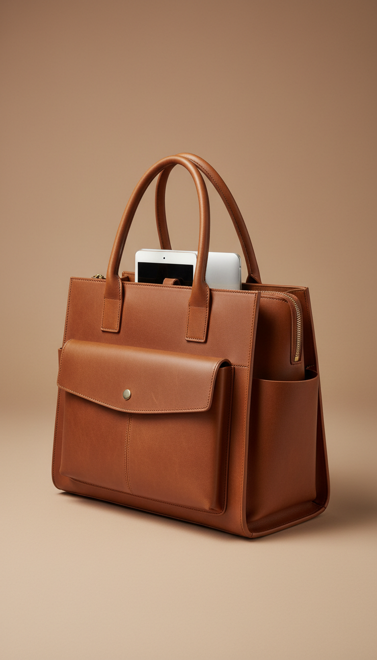 Solaine Structured Work Tote in leather, front view on neutral background