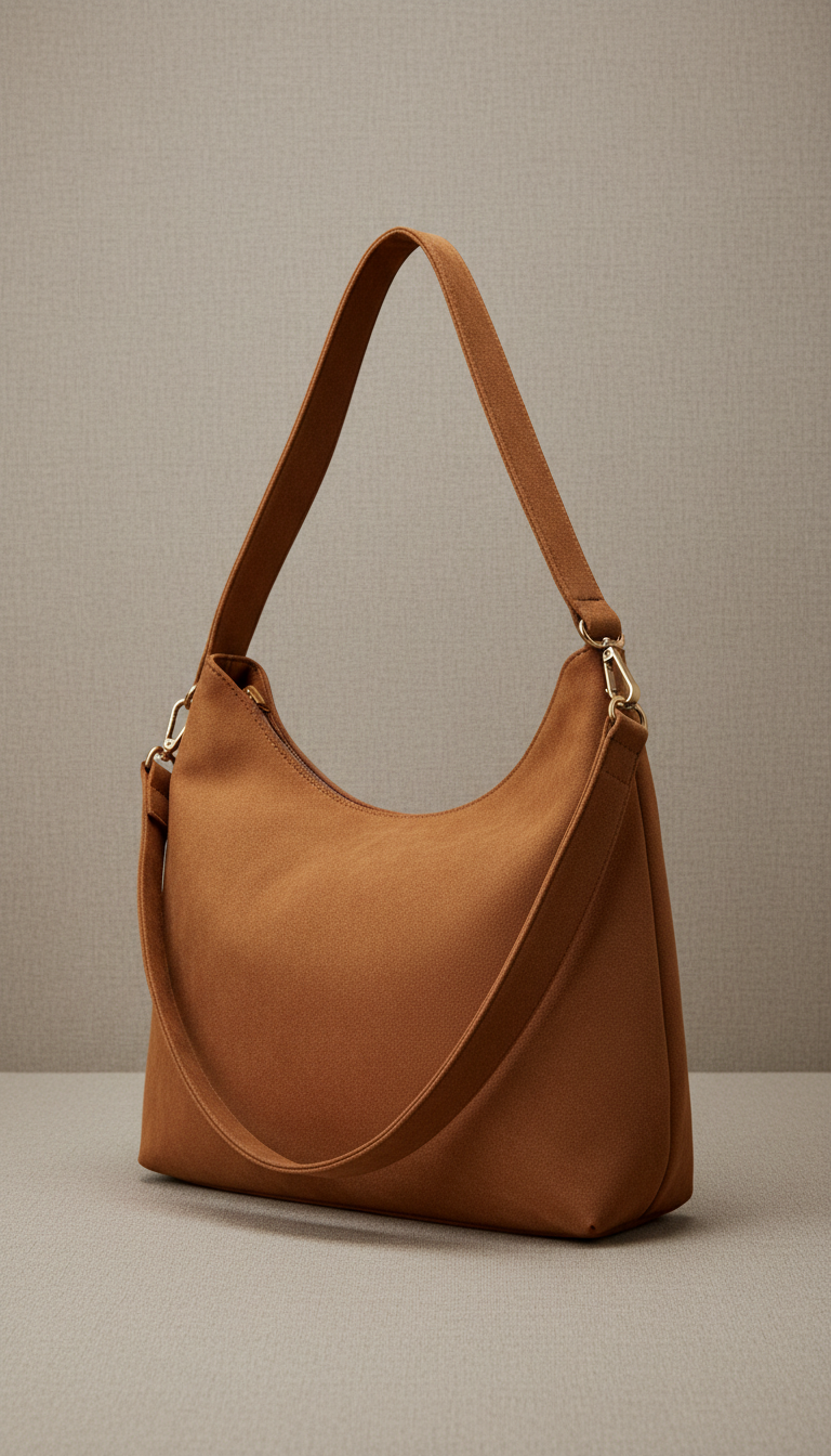 Solaine Suede Shoulder Bag in brown suede, front view on neutral background
