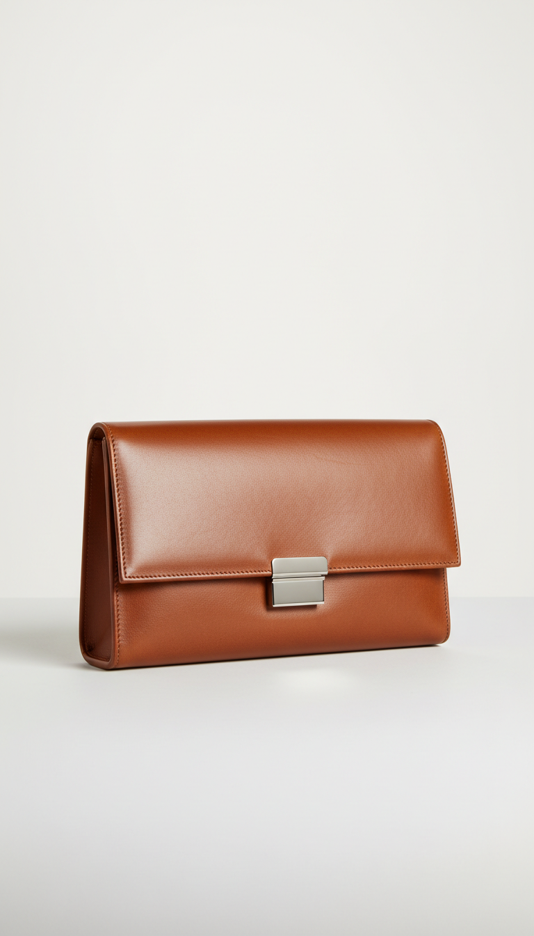Solaine Noir Clutch in black leather, front view on neutral background