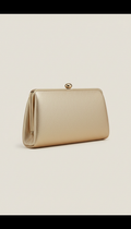 Solaine Aurum Clutch in champagne gold, front view on neutral background