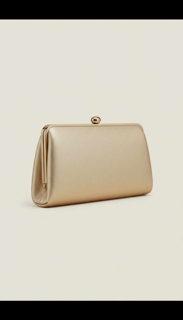 Solaine Aurum Clutch in champagne gold, front view on neutral background