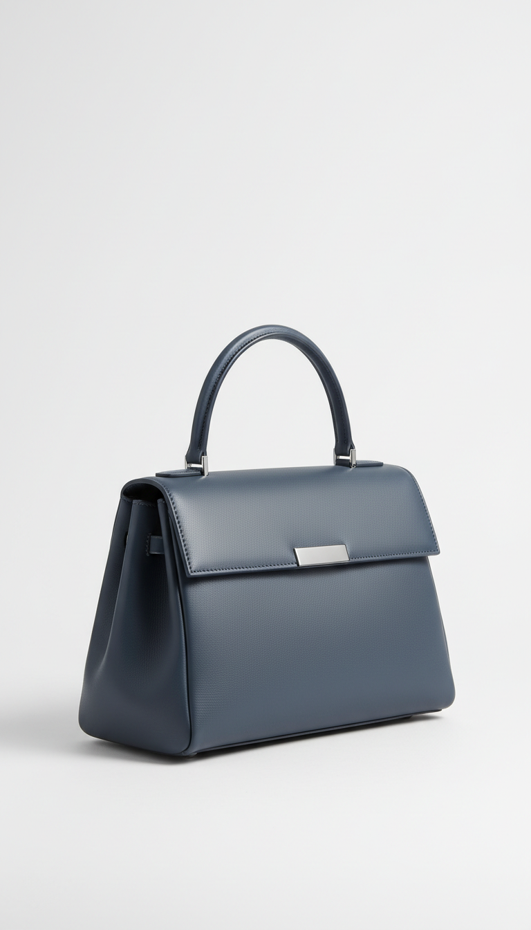Solaine Azure Top-Handle bag in slate blue leather, front view on neutral background