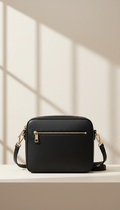 Solaine Noir Crossbody bag in matte black leather, front view on neutral background