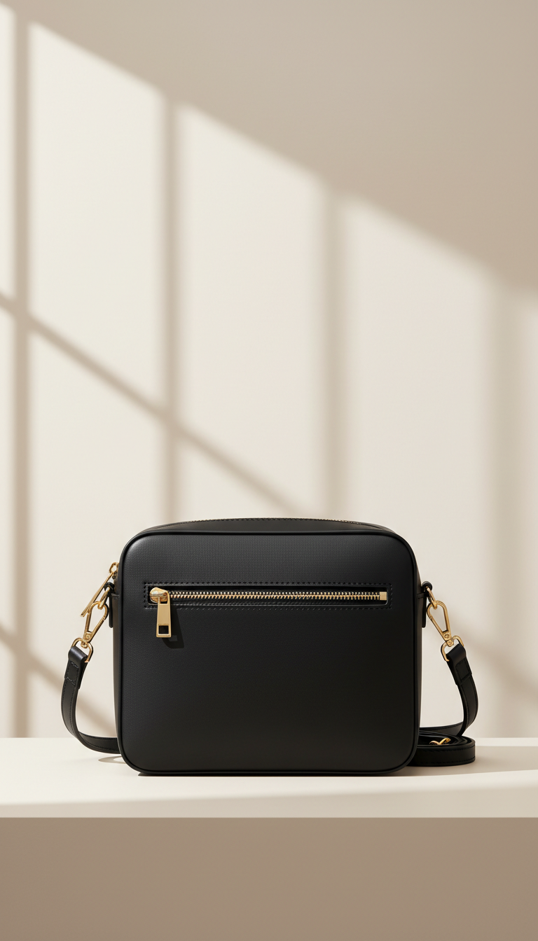 Solaine Noir Crossbody bag in matte black leather, front view on neutral background