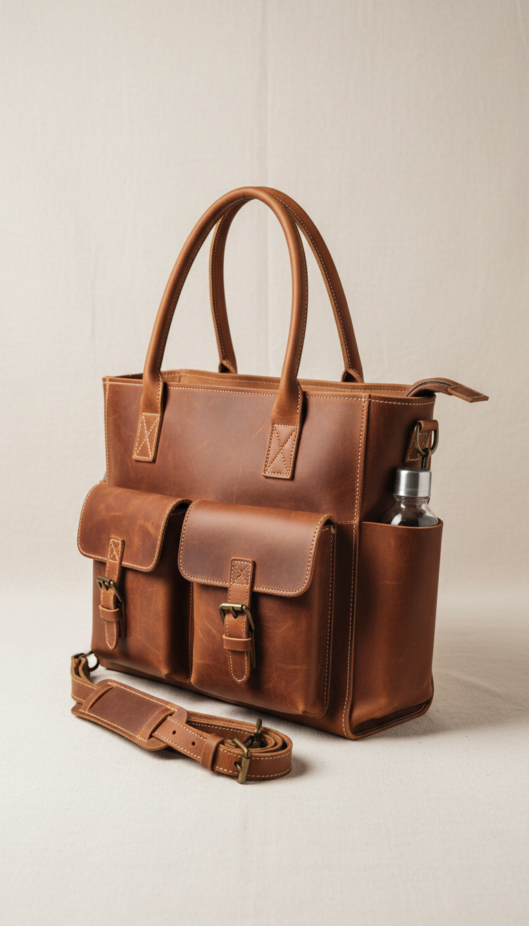 Solaine Heritage Tote in brown leather, front view on neutral background