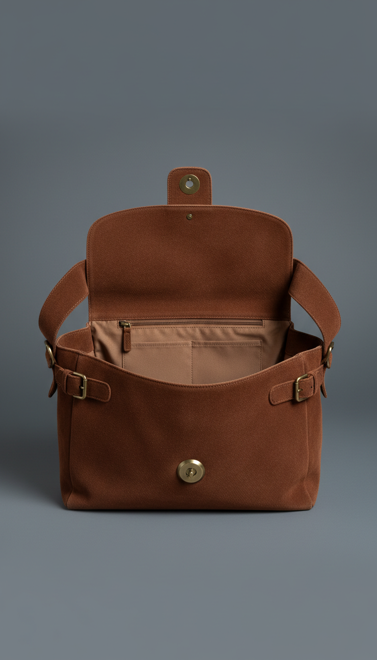 Solaine Suede Shoulder Bag in burnt umber suede, front view on neutral background