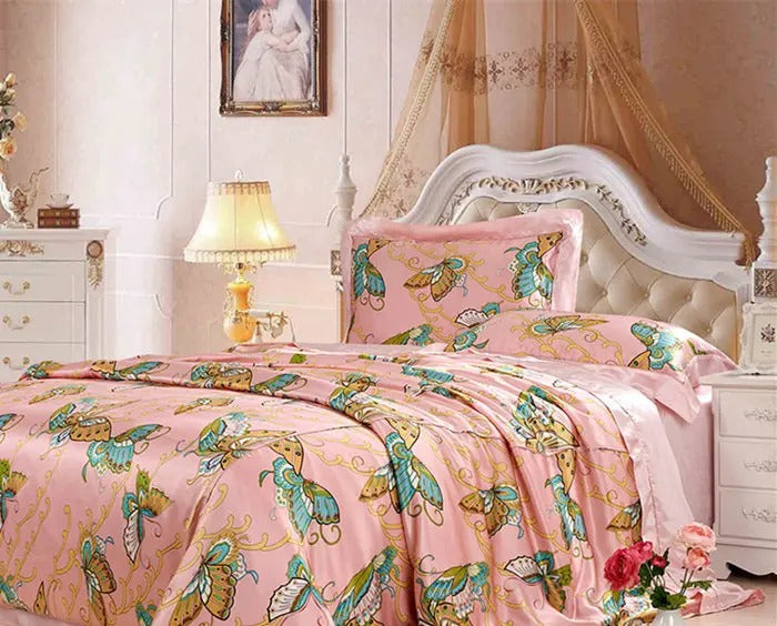 New 100% Mulberry Charmeuse Silk Bedding Set 3PCS Duvet Cover Pillowcase Floral Multicolor Multi Size