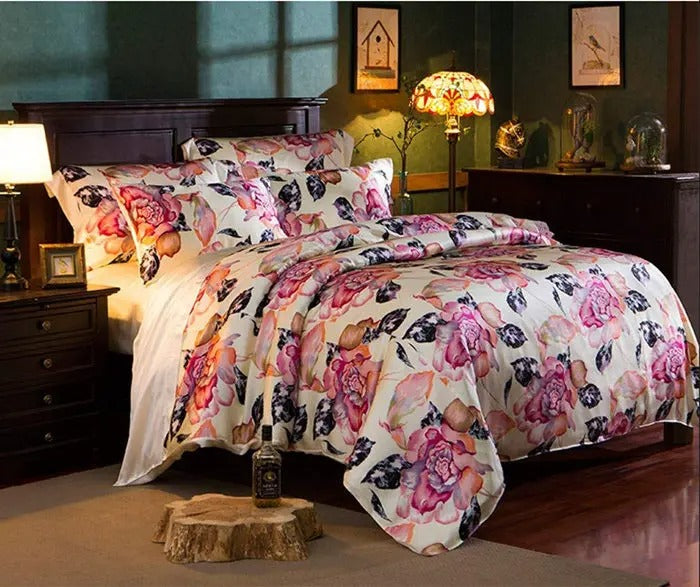 New 100% Mulberry Charmeuse Silk Bedding Set 3PCS Duvet Cover Pillowcase Floral Multicolor Multi Size