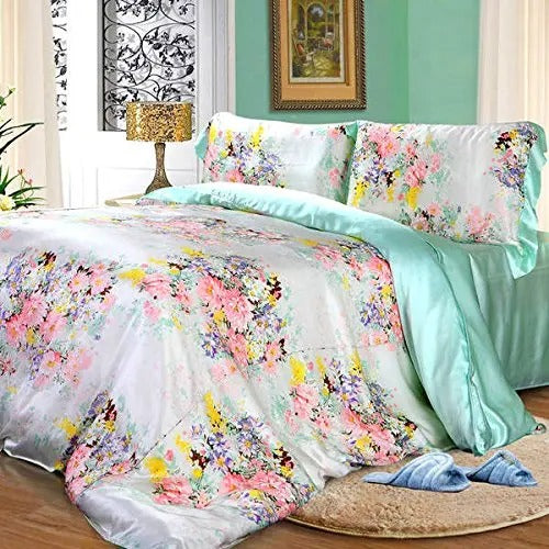 New 100% Mulberry Charmeuse Silk Bedding Set 3PCS Duvet Cover Pillowcase Floral Multicolor Multi Size