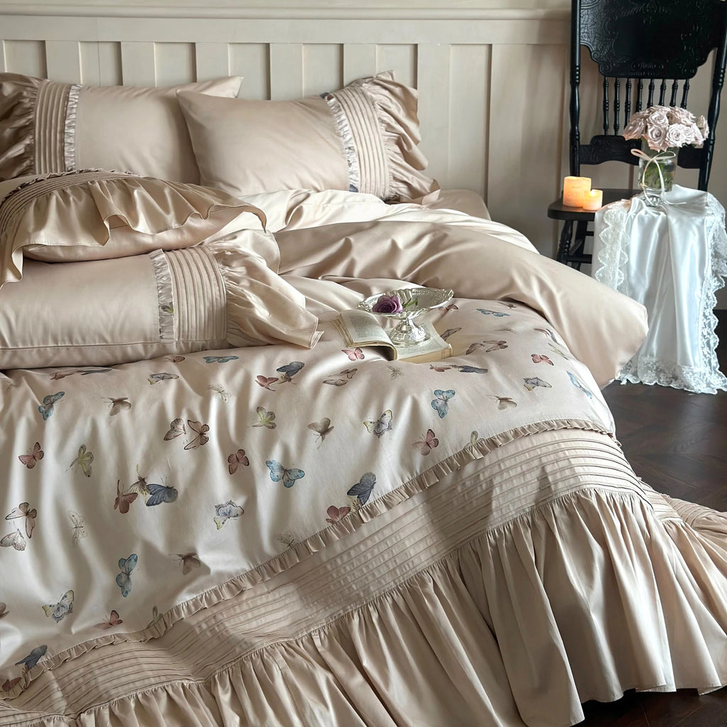 Brand New High-end Cotton Bedding Set, Butterfly Printed Duvet Cover Sets with Bed Skirts, Skin-friendly Bedspread Sheets