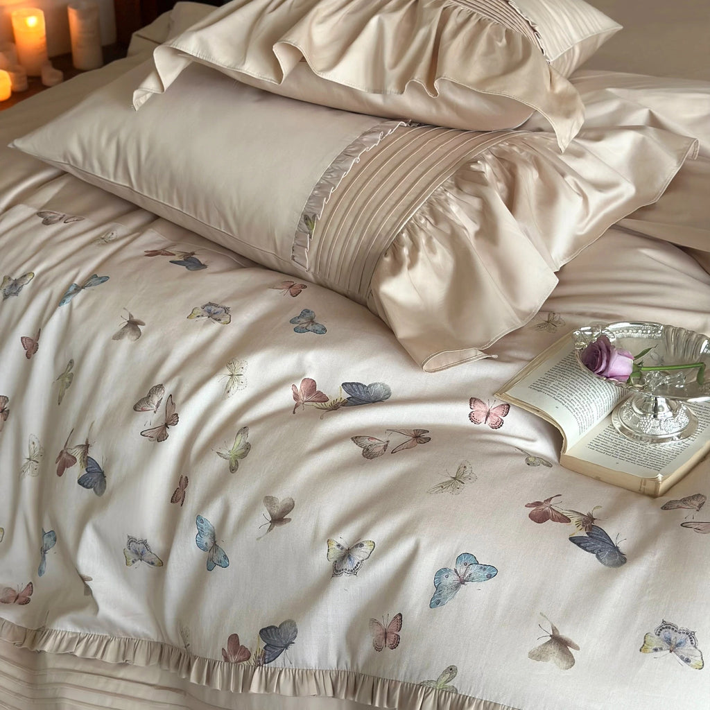 Brand New High-end Cotton Bedding Set, Butterfly Printed Duvet Cover Sets with Bed Skirts, Skin-friendly Bedspread Sheets