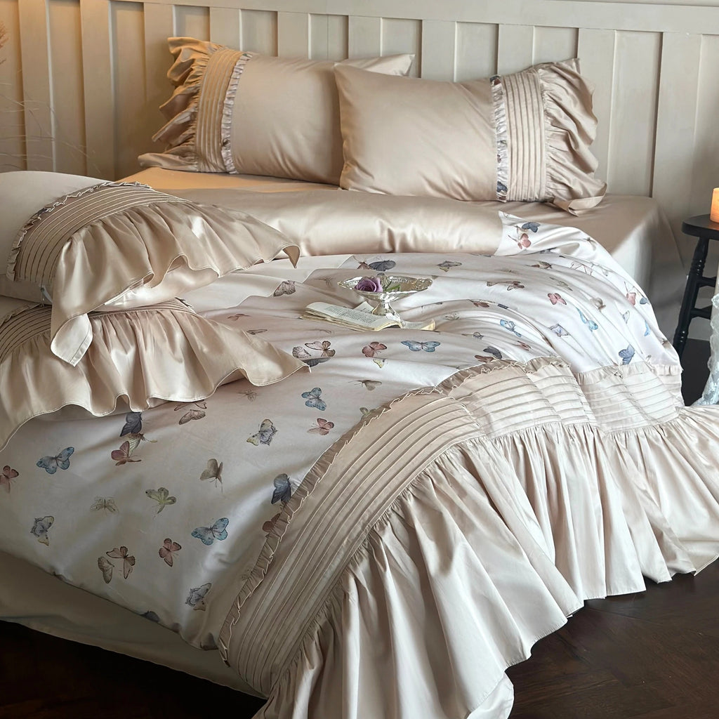 Brand New High-end Cotton Bedding Set, Butterfly Printed Duvet Cover Sets with Bed Skirts, Skin-friendly Bedspread Sheets