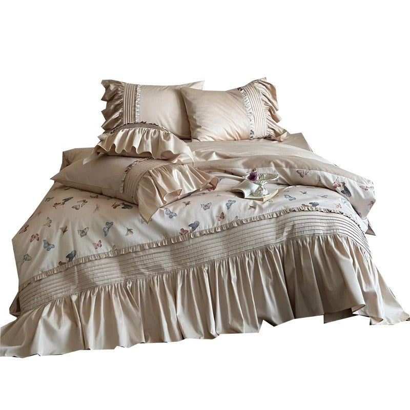 Brand New High-end Cotton Bedding Set, Butterfly Printed Duvet Cover Sets with Bed Skirts, Skin-friendly Bedspread Sheets