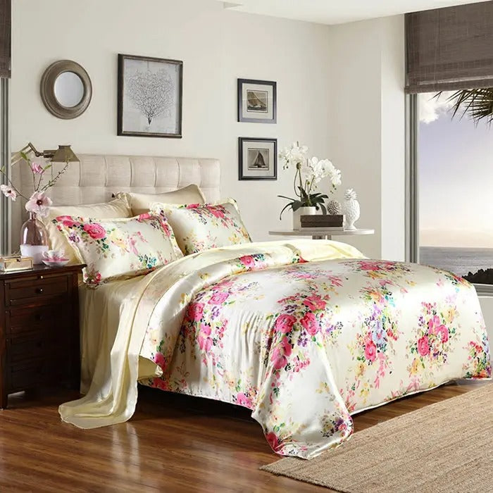 New 100% Mulberry Charmeuse Silk Bedding Set 3PCS Duvet Cover Pillowcase Floral Multicolor Multi Size