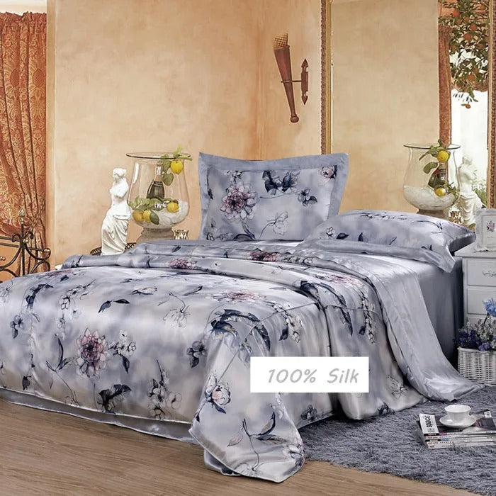 New 100% Mulberry Charmeuse Silk Bedding Set 3PCS Duvet Cover Pillowcase Floral Multicolor Multi Size